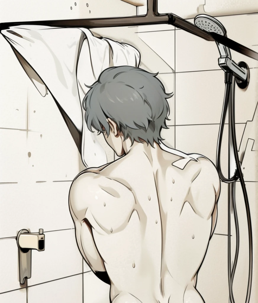 A 17-year-old gray-haired male is on his back. In the shower, the water falls on his body. He is on his back.