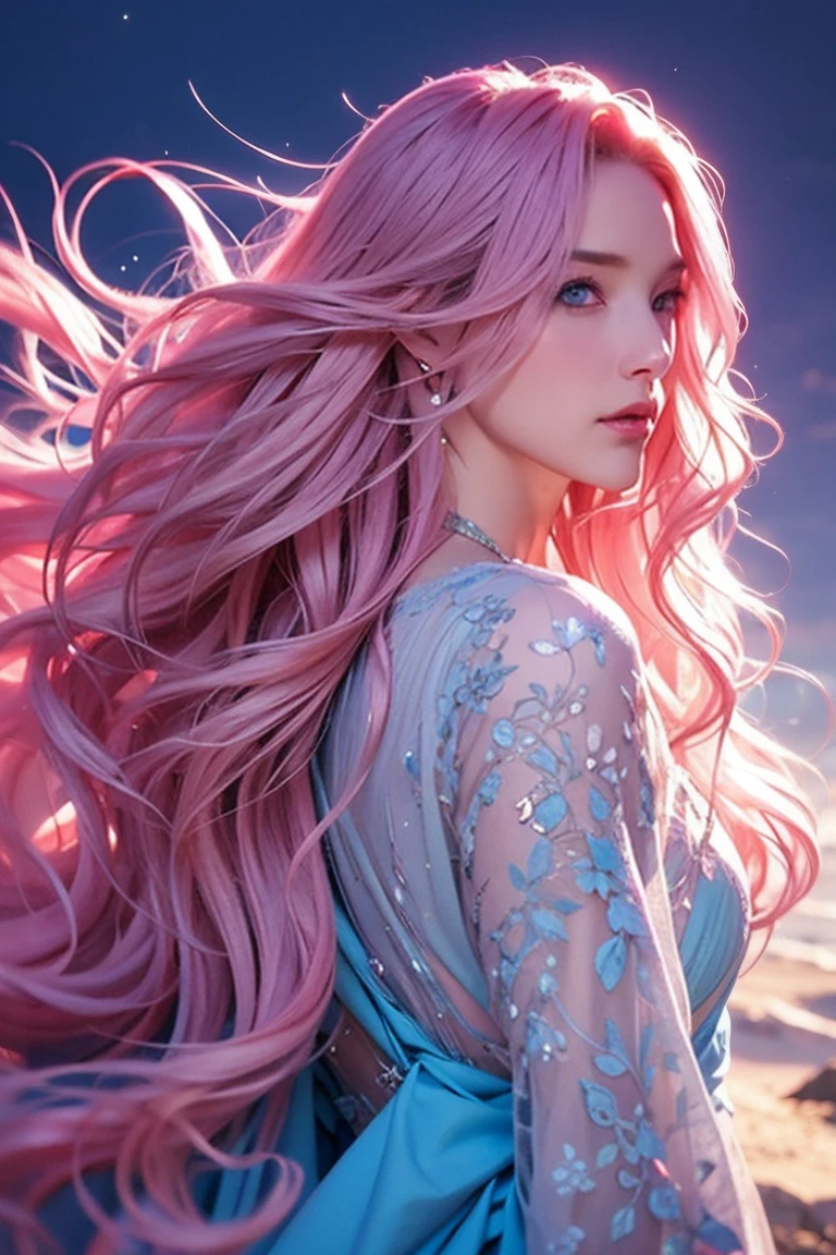 Woman, long wavy hair, pink hair, blue eyes, looking at the landscape, night, wind