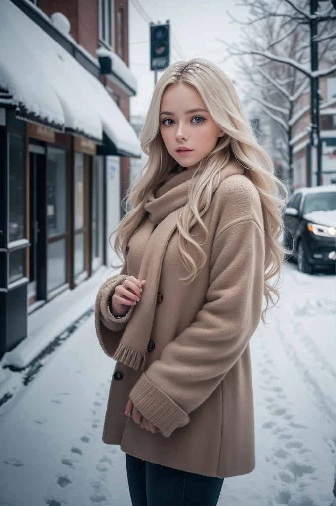 professional photography of a beautiful norwegian girl in winter clothes with long wavy blonde hair, sensual and seductive look, beautiful symmetrical face, beautiful natural makeup, wearing chic warm winter fashion clothing, ((standing outside on the snowy city street)), impressive modern urban environment, ultra realistic, conceptual artwork, chic, highy detailed, intricate, sharp focus, Depth of field, f/1. 8, 85 mm, medium shot, mid shot, (((professional color grading))), soft and bright diffused light, (Volumetric fog), Trends on Instagram, HD 4k, 8K