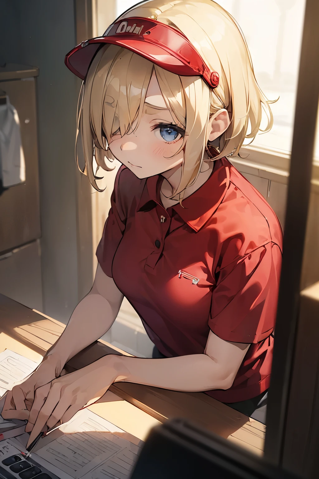 ①morning,(lighting forward:1.9) .
②:Highest quality, Anime Moe Art Style,最高のアニメ8Kこなちゃんの壁紙,pixiv Contest Winner,Perfect Anatomy, Very detailed,High resolution,Very detailed肌, Professional Lighting,8K ,
③:(One Girl:1.5), Young,(alone,:1.8),high school student, (short hair:1.4), (straight hair:1.6),(normal breasts),(hair over one eye:1.8),(light blonde hair:1.8),Complete limbs,Full Finger, blue eyes, hairpin, beautiful detailed eyes, pale skin,one eye closed,sparkling pupils,
④:from front,(close up:1.4).
⑤:(red polo shirt:1.5),(red visor:1.5),(darkgreen pencil skirt)
⑥:Working at the cash register ⑦:FastFood Restaurant