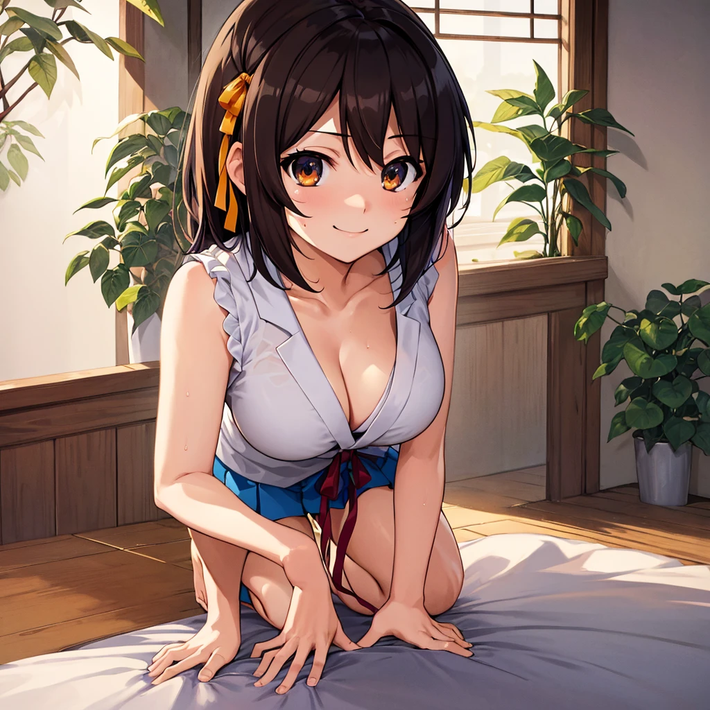 Highest quality, masterpiece, 4K, Highly detailed face, Highly detailed skin, Highly detailed wallpaper, Japanese anime, Second Dimension, Small face, Big Breasts, Normal body, Accurate body, Fine skin, Very beautiful cleavage, NSFW, whole body, One girl, Shy smile, On the bed, Short bob hairstyle, Black Hair, Suzumiya haruhiの憂鬱, Suzumiya haruhi, Sweaty, Cosplay, , mini skirt, From the back, On all fours