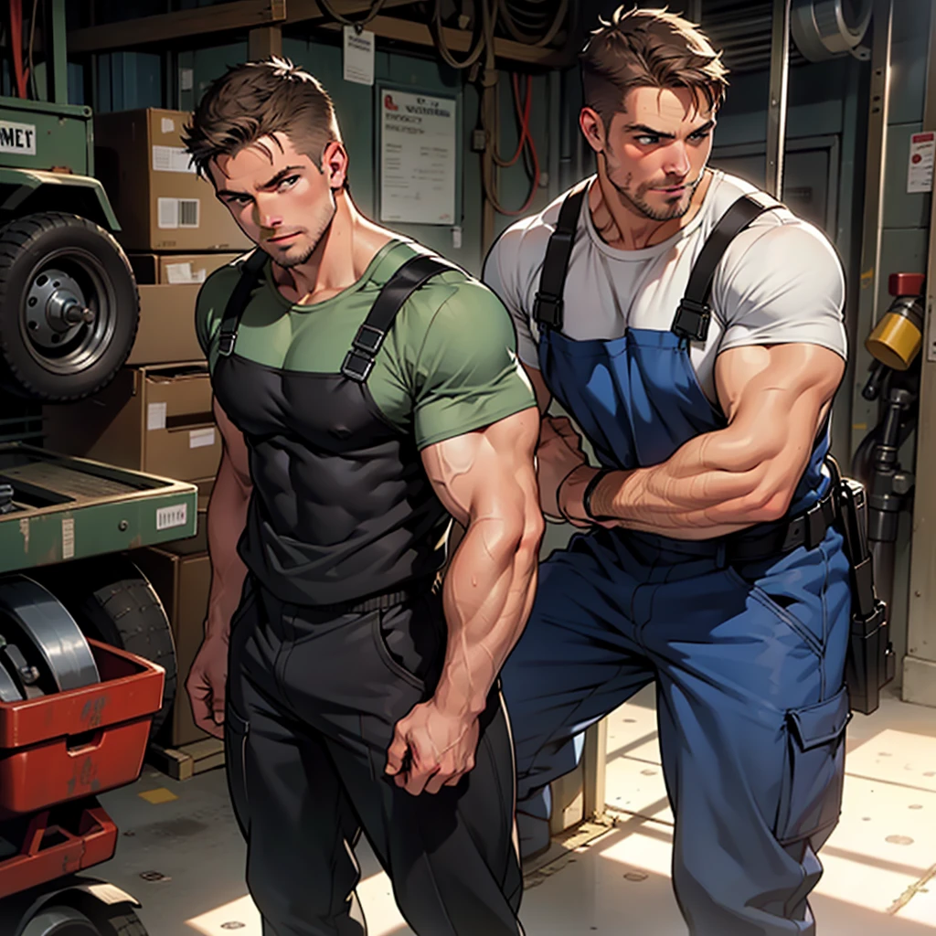 32k,masterpiece, best quality, detailed face, natural eyes,1man, solo mature man, muscled and mature, stephen amell as a mechanic wearing uniform, mechanic, sweating, tight cloth,  full body