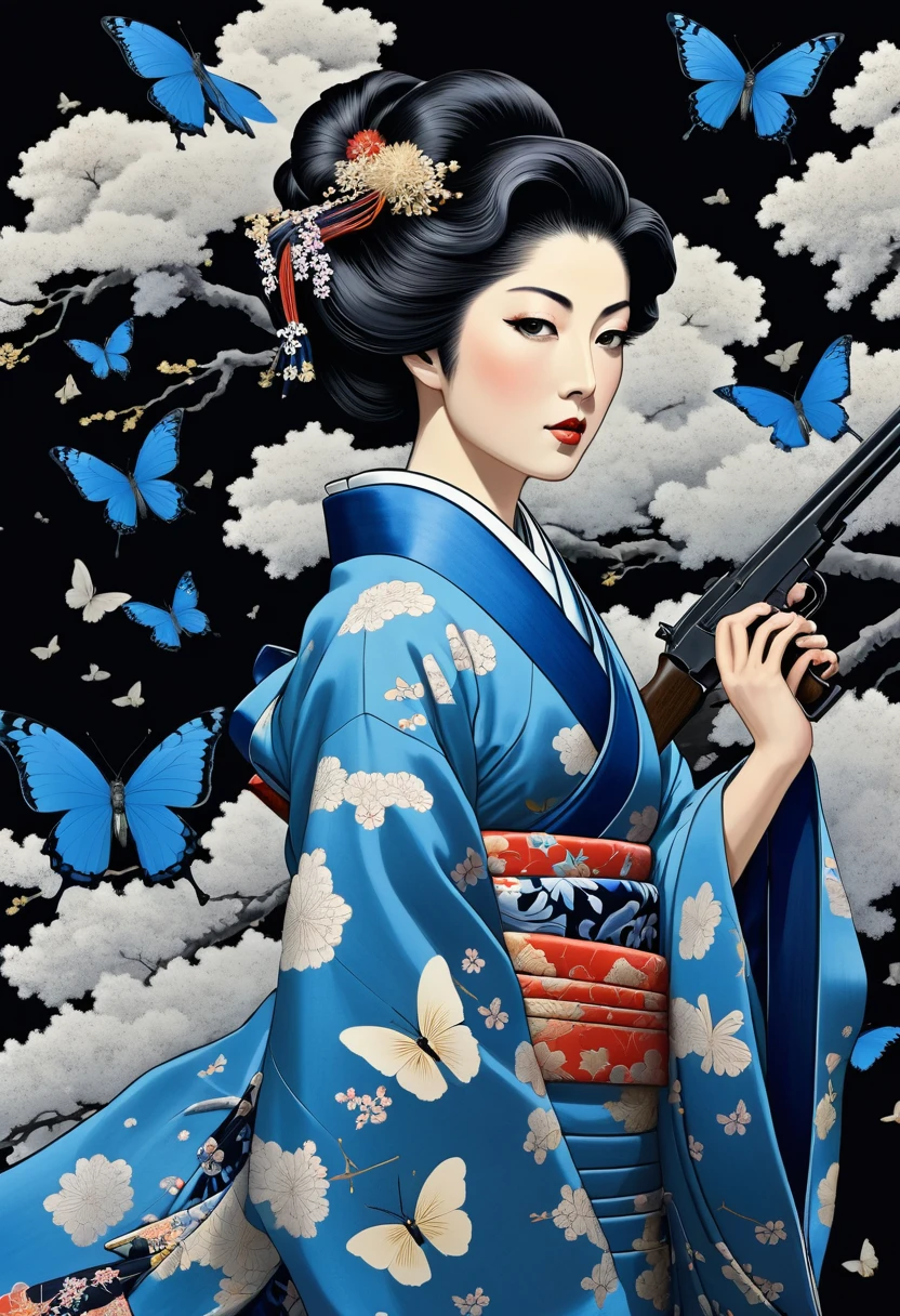 Black background. Distant view. A woman (Sugako Kanno) in a Meiji era kimono stands staring in front of a gun. Around her, a flock of blue butterflies flit about like a storm. In the style of Japanese ukiyoe. Flamboyant action poses.