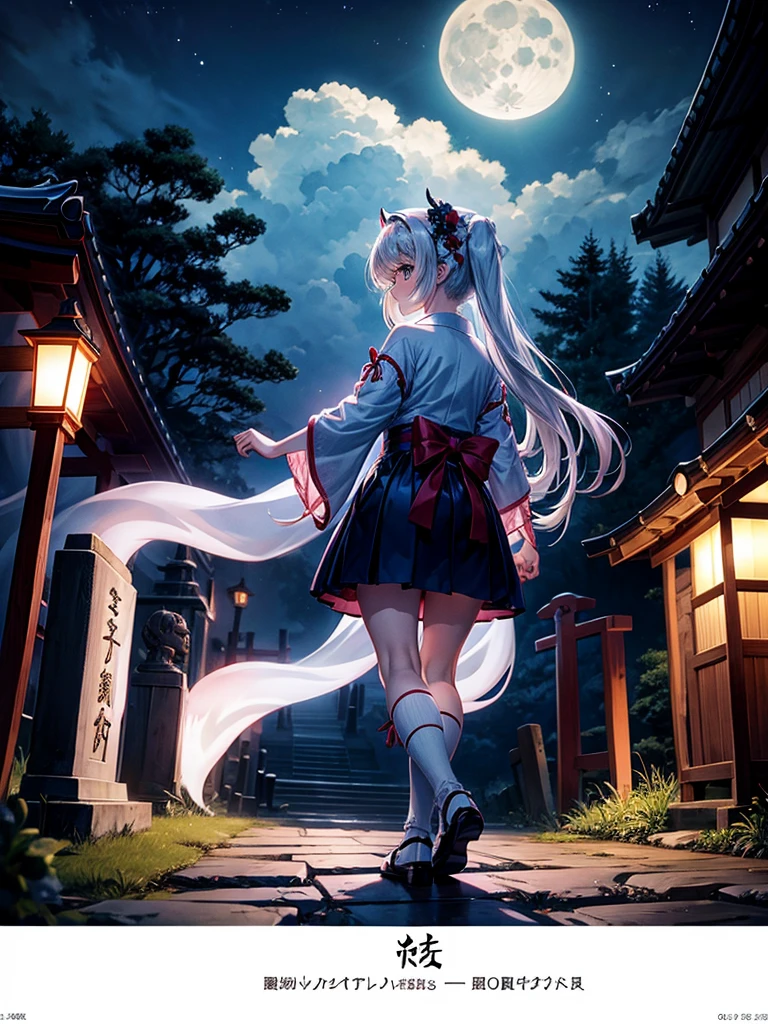 Highest quality,Highest Resolution,Cemetery at night,Ghost Girl,Japan,Ghost,Shrine maiden costume,full moon,