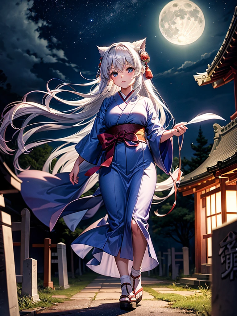 Highest quality,Highest Resolution,Cemetery at night,Ghost Girl,Japan,Ghost,Shrine maiden costume,full moon,