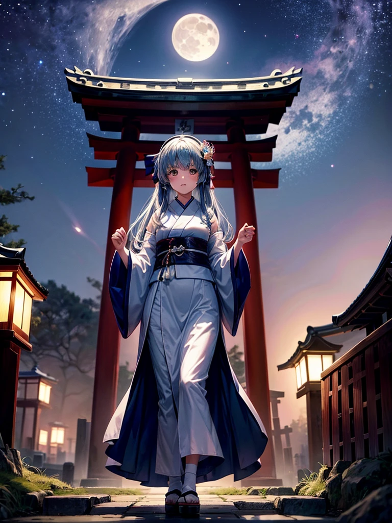 Highest quality,Highest Resolution,Cemetery at night,Ghost Girl,Japan,Ghost,Shrine maiden costume,full moon,