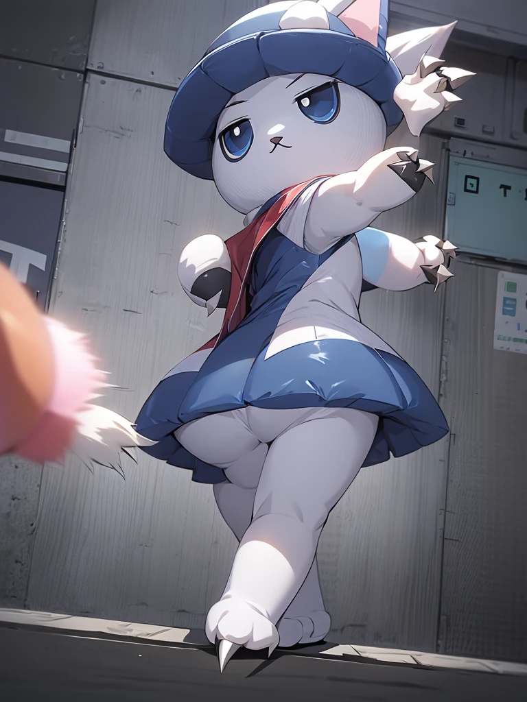 1boy, two-tone fur, blue and white body, body, inflatable cat boy, cat tail, brown hat, claws, closed mouth, furry male, nyanzaemon, nsfw,claw pose