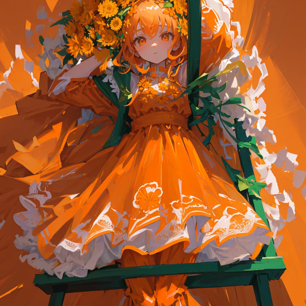 A ,chrysanthemum,Braid,Dressed in orange,((Solid orange background))