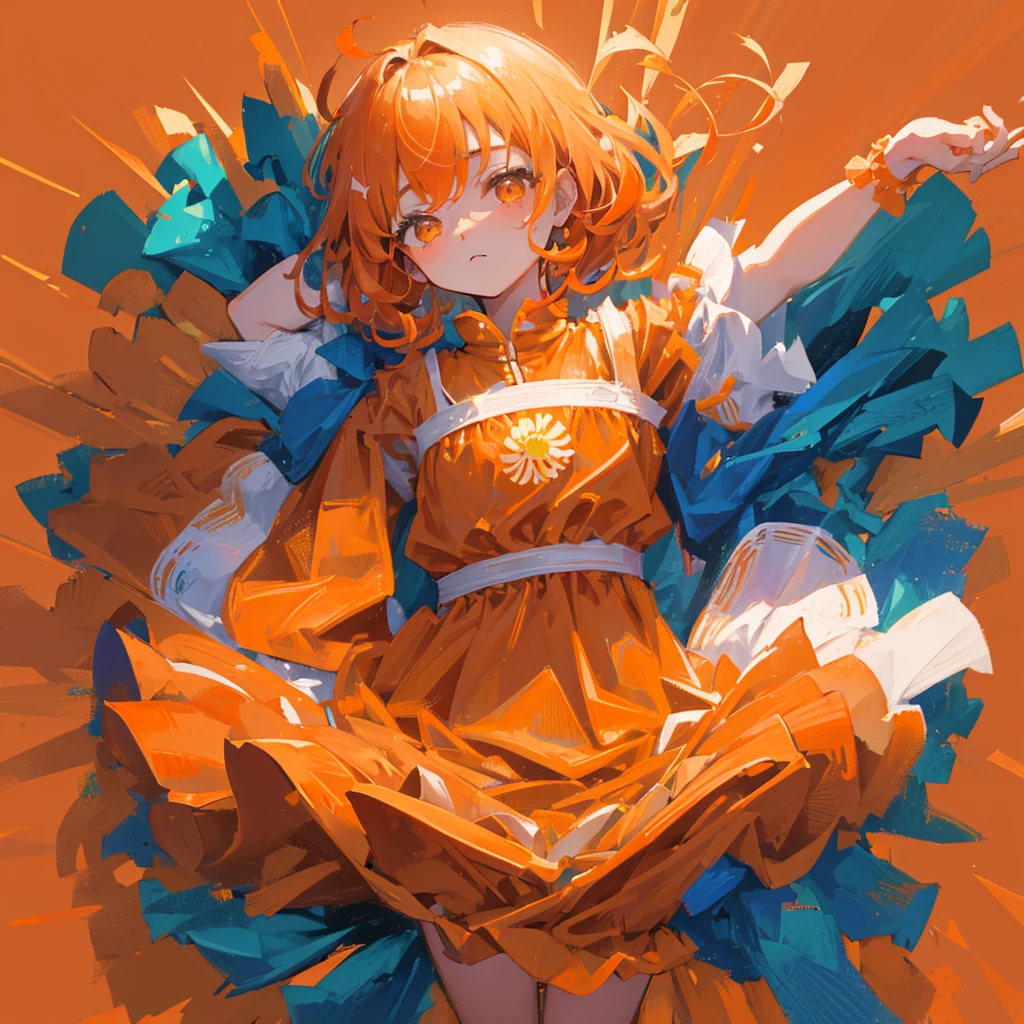 A loli，chrysanthemum，Braid，Dressed in orange，((Solid orange background))