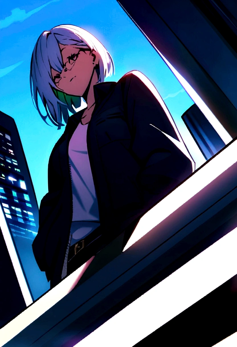 Anime girl with white hair and glasses looking out of a window., best anime wallpaper 4k konachan, cyberpunk anime girl with hoodie, anime ciberpunk digital art, modern cyberpunk anime, 2D anime style, anime rudo 8k, anime ciberpunk digital!!, digital cyberpunk - anime art, 2 second, 2b, anime style 8k