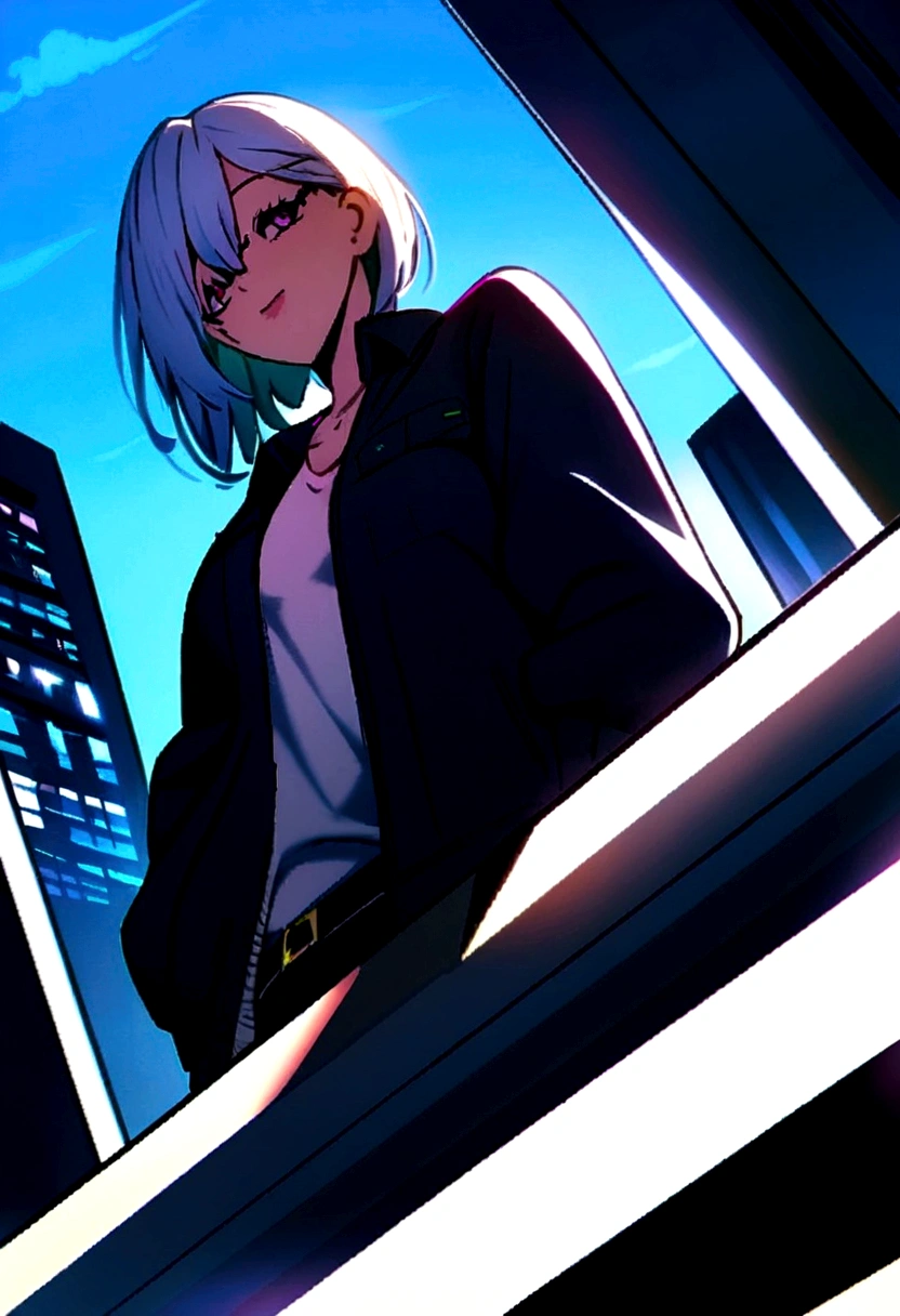 Anime girl with white hair and glasses looking out of a window., best anime wallpaper 4k konachan, cyberpunk anime girl with hoodie, anime ciberpunk digital art, modern cyberpunk anime, 2D anime style, anime rudo 8k, anime ciberpunk digital!!, digital cyberpunk - anime art, 2 second, 2b, anime style 8k