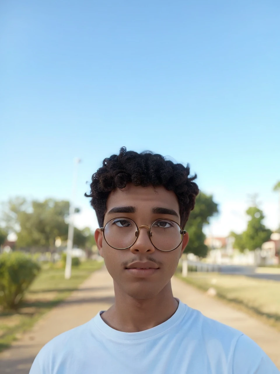 Brown boy with curly hair and round glasses