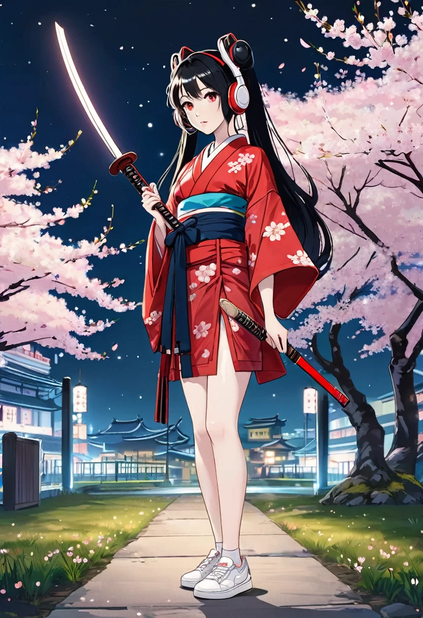 Long black hair Twin tails Red Mesh Holding a wooden sword Listening to music through headphones Her short kimono shows off her long, slender legs.。Wearing white sneakers。Standing in front of a cherry blossom tree at night