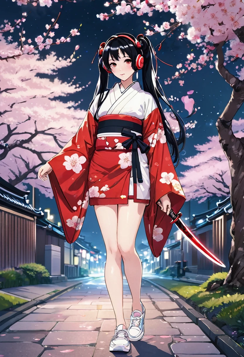 Long black hair Twin tails Red Mesh Holding a wooden sword Listening to music through headphones Her short kimono shows off her long, slender legs.。Wearing white sneakers。Standing in front of a cherry blossom tree at night