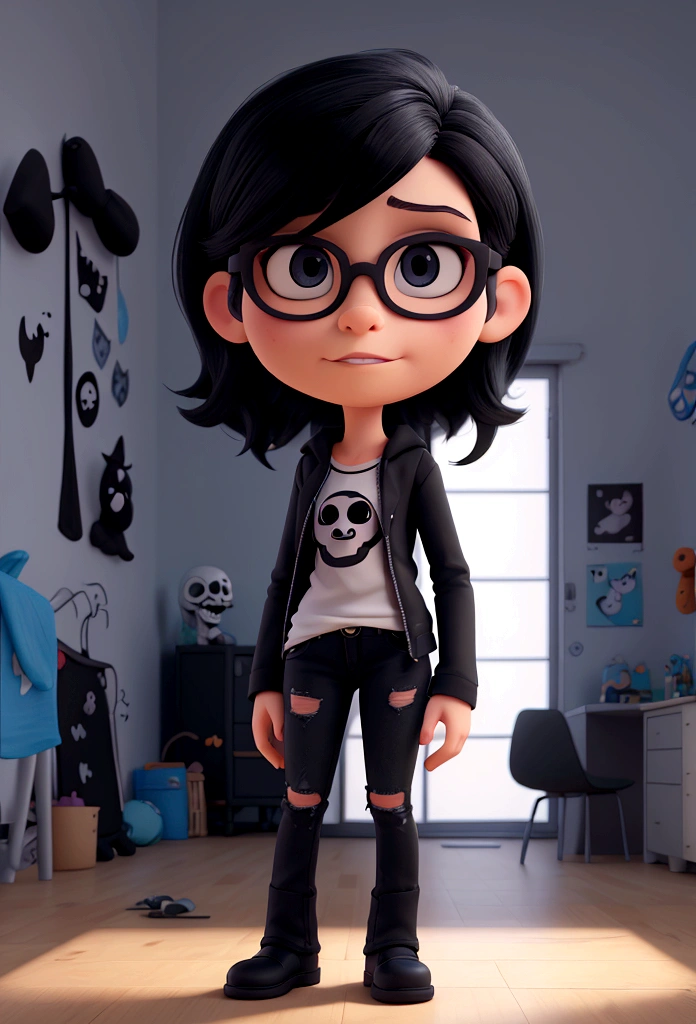 cartoon character, White girl, slim, with a cold look and neutral expression, long straight black hair, eyes black, retracted lips, big square glasses, black t-shirt with a skull design and ripped blue jeans, black boot. in a ager's room , with a guitar hanging on the bedroom wall, picture on the wall of a skull drawing. photo by full body, drawing in 3D Art style, C4D, Disney style, pixar style render illustration Super Detail (eyes black) (dark shaped eyes) (blackquality hair)