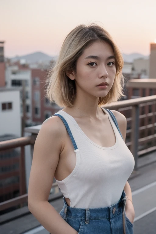 Half Japanese/half American woman、 View the viewer, Short blonde,overalls、Dabo T-shirt , , (Town rooftop), Film Grain, Rim Light, Upper Body, Close-up shot, Put your hands in your pockets、(Big Boobs)