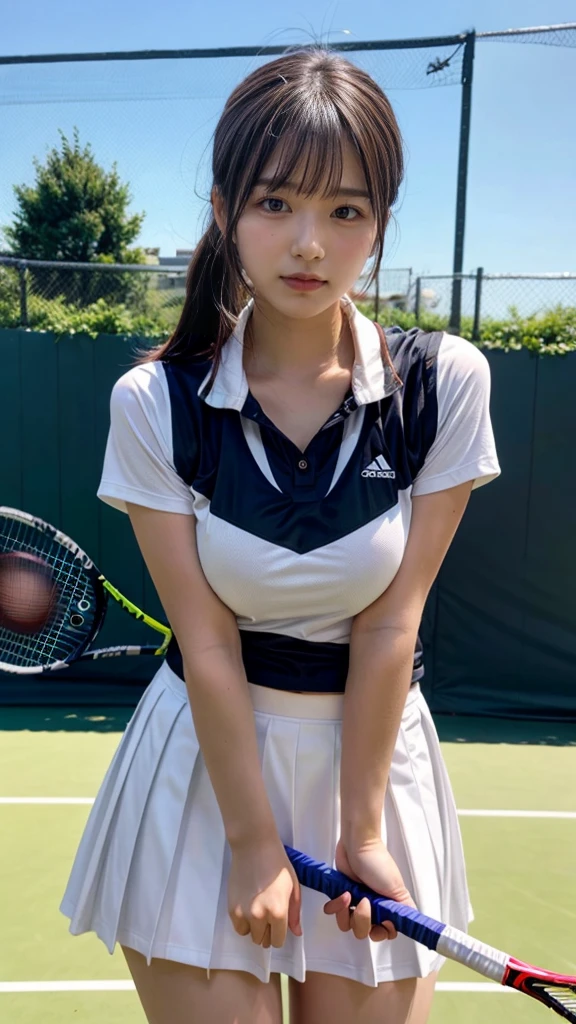 masterpiece, best quality, illustration, Super detailed, fine details, High resolution, 8K,wall paper, perfect dynamic composition, front view, standing, leaning forward, 18 year old girl, tennis player, Gravure Idol, cute type, (Details High quality, realistic depiction of eyes:1.3), (Colossal tits:1.2), expresses the roundness and softness of your chest., low ponytail, black hair color, Dark makeup, Big Natural Color Lip, thick thighs, perfect body shape, plump figure, large hips, beautiful clavicle, white tennis uniform, short sleeve, shirt, skirt, socks, tennis shoes, depth of fields, natural lighting