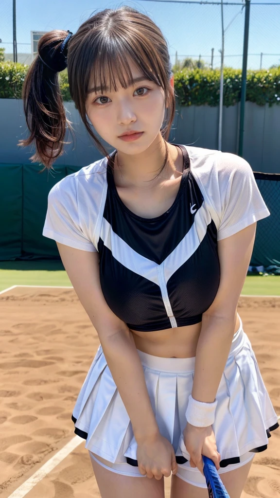 masterpiece, best quality, illustration, Super detailed, fine details, High resolution, 8K,wall paper, perfect dynamic composition, front view, standing, leaning forward, 18 year old girl, tennis player, Gravure Idol, cute type, (Details High quality, realistic depiction of eyes:1.3), (Colossal tits:1.2), expresses the roundness and softness of your chest., low ponytail, black hair color, Dark makeup, Big Natural Color Lip, thick thighs, perfect body shape, plump figure, large hips, beautiful clavicle, white tennis uniform, short sleeve, shirt, skirt, socks, tennis shoes, depth of fields, natural lighting