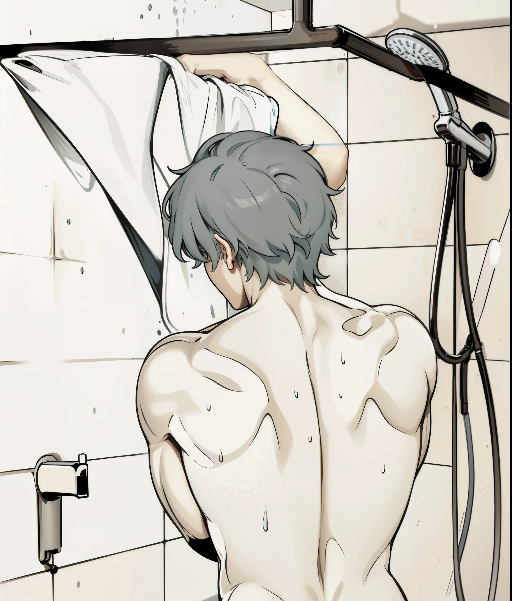 A 17-year-old gray-haired male is on his back. In the shower, the water falls on his body. He is on his back.