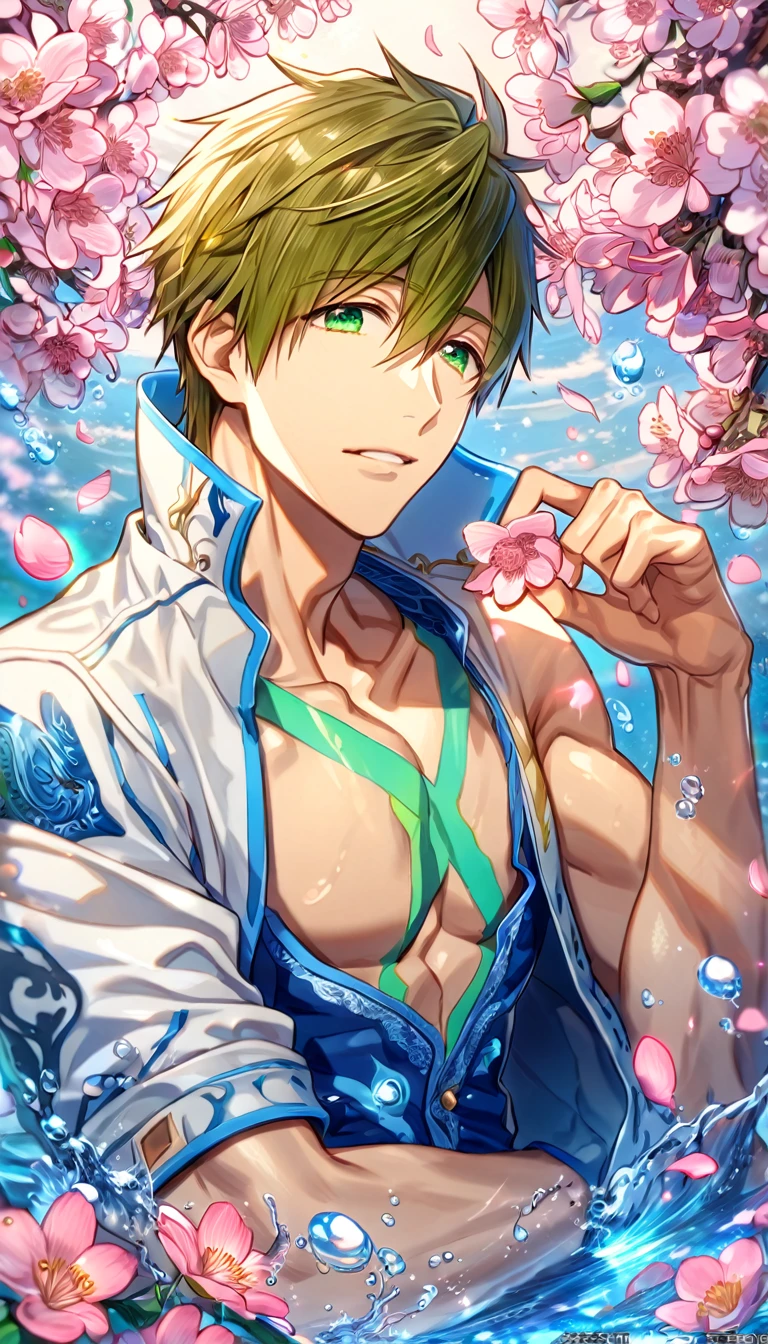 Ultra detailed, highres, absurdres, HDR, master piece, Tachibana Makoto, brown hair, expressive green eyes, Free!, fantasy, pink petals, water, pink flowers, handsome, sexy man, solo, best quality, blossoms, blue shining fireflies, blue clothes, magical, white jacket, toned chest