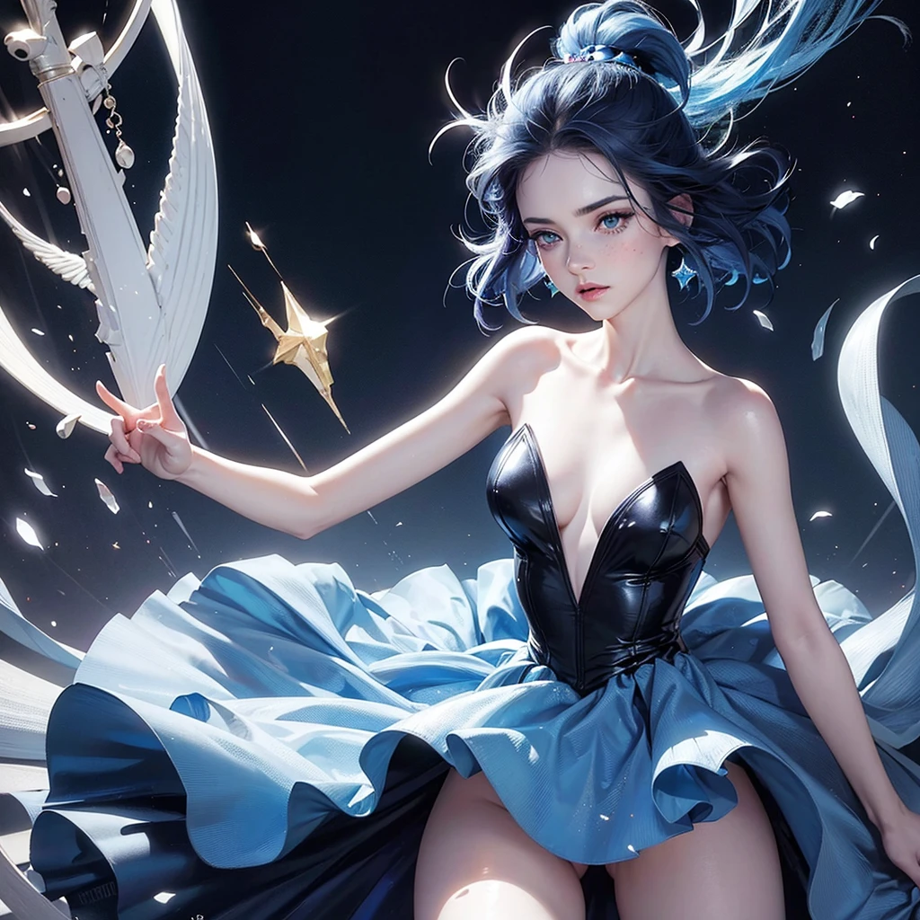 1woman, blue indigo hair, azur blue eyes, pale skin, freckles, black and royal blue ballerina dress, ballerina, arabesque pose, starry background,medium hair, medium chest