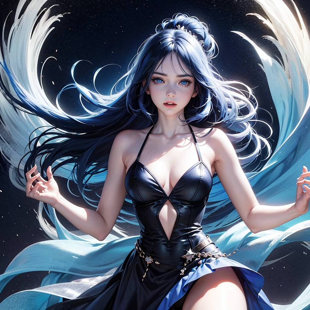 1woman, blue indigo hair, azur blue eyes, pale skin, freckles, black and royal blue ballerina dress, ballerina, arabesque pose, starry background,medium hair, medium chest