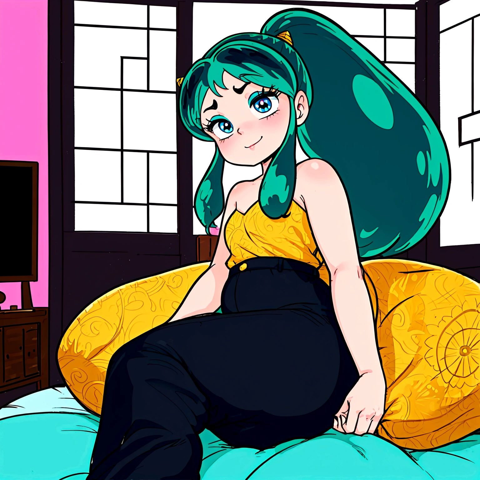score_9, score_8_up, score_7_up, lum, 2girl, solo, retro artstyle, 1980s style, blue eyes, eyeshadow, green hair, long hair, horns, bangs, aqua hair, dynamic angle, big breasts, big ass, (little, small tiny body, chibi, small), (8 years old), (1 toddler:1.4), (baby face), (round face), (big forhead:1.2), (beautiful big eyes:1.3), extremely detailed cute anime face, (best quality, masterpiece, absurbres, super-resolution), soft pastel aesthetic, gaming console, chilling at home, BREAK playing video game with (femaleranma, braided ponytail
chinese clothes, tangzhuang, black pants), LCD screen, fun, laugh, smile, (eyelid pull), detailed faces, warm lighting, cozy interior, dynamic composition, vibrant colors, cinematic, depth of field, black cat, black cat on her lap, emotional expression, vintage comic style, grimace