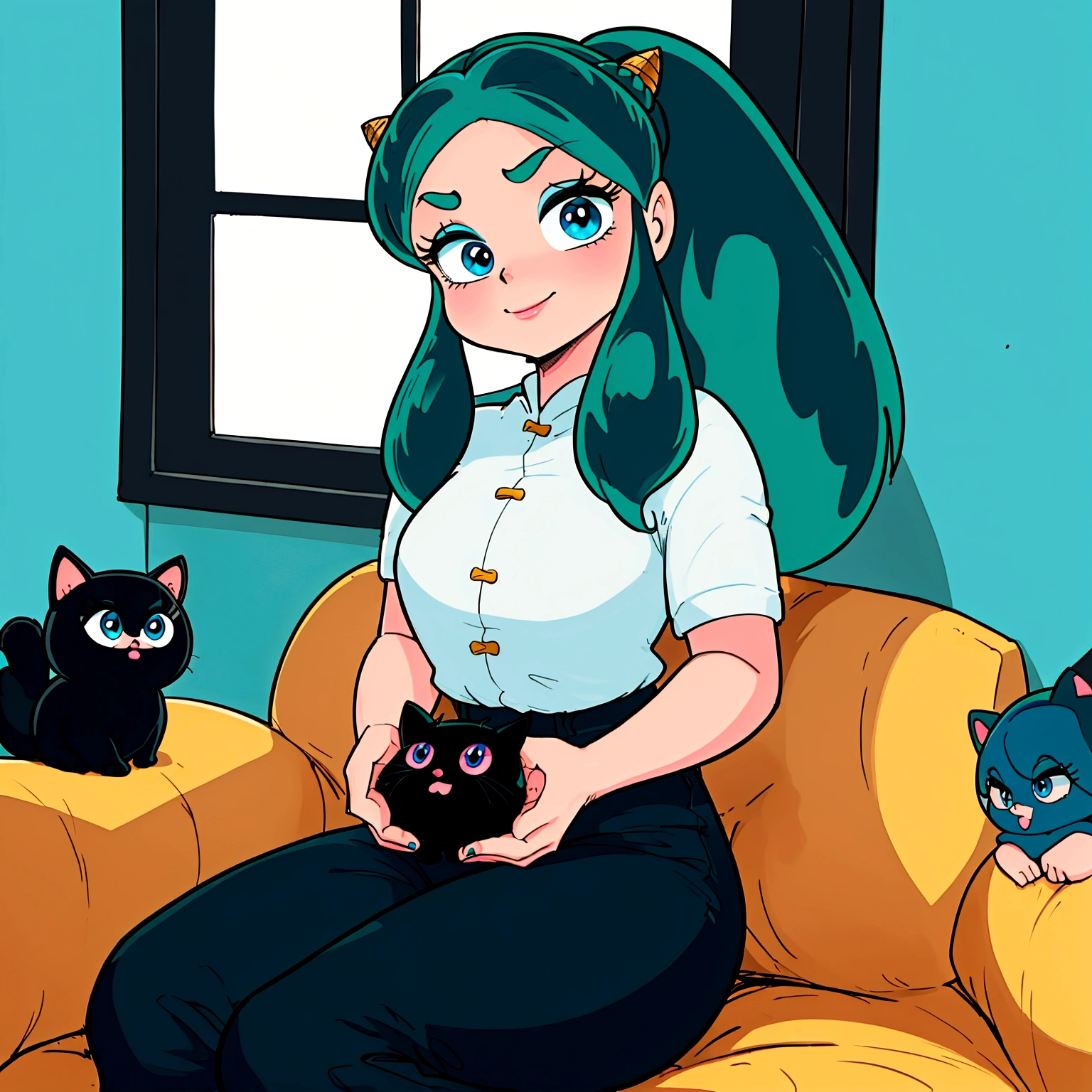 score_9, score_8_up, score_7_up, lum, 2girl, solo, retro artstyle, 1980s style, blue eyes, eyeshadow, green hair, long hair, horns, bangs, aqua hair, dynamic angle, big breasts, big ass, (little, small tiny body, chibi, small), (8 years old), (1 toddler:1.4), (baby face), (round face), (big forhead:1.2), (beautiful big eyes:1.3), extremely detailed cute anime face, (best quality, masterpiece, absurbres, super-resolution), soft pastel aesthetic, gaming console, chilling at home, BREAK playing video game with (femaleranma, braided ponytail
chinese clothes, tangzhuang, black pants), LCD screen, fun, laugh, smile, (eyelid pull), detailed faces, warm lighting, cozy interior, dynamic composition, vibrant colors, cinematic, depth of field, black cat, black cat on her lap, emotional expression, vintage comic style, grimace