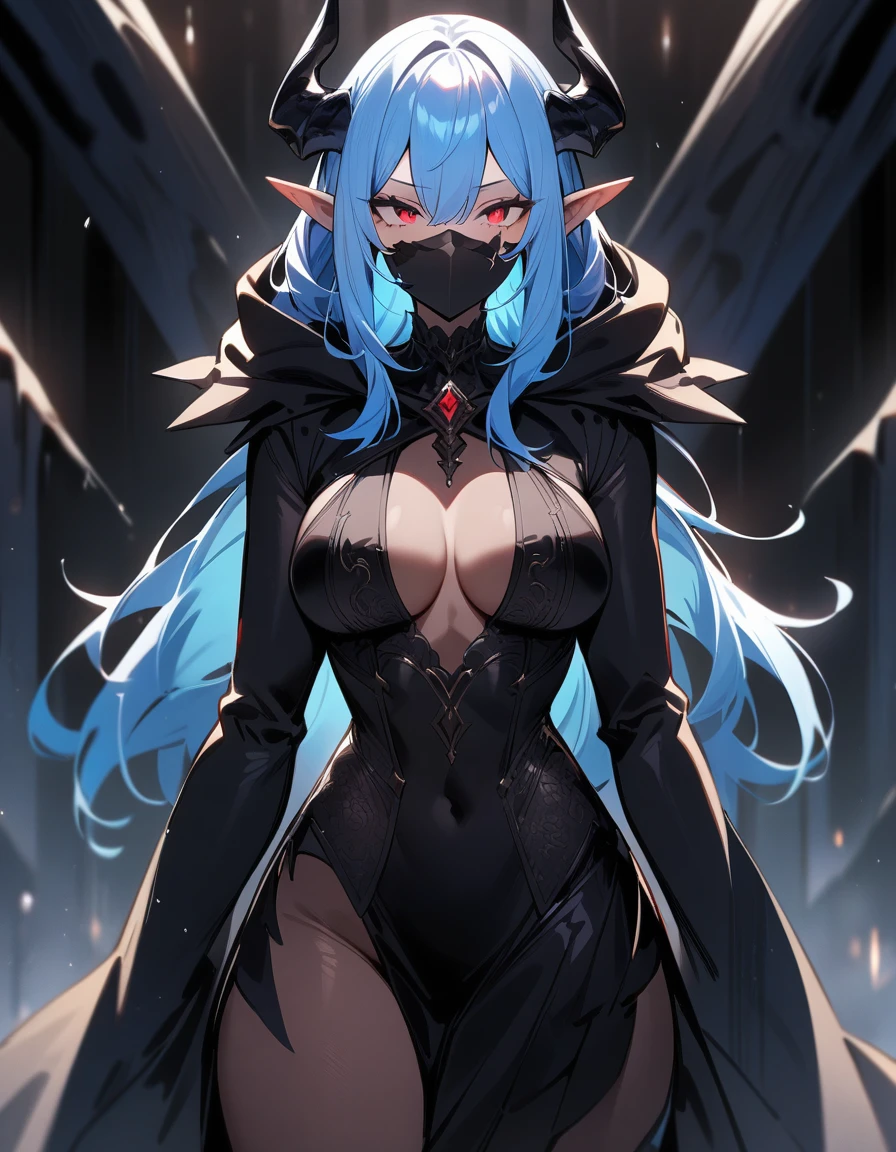 Masterpiece, Best Quality, (detailed), 1 girl , long hood , light blue hair, red eye color , high , elegant , pointed ears , standing , strong , monster girl , Alone , black sleeves , black mask , mask on the face , good body , 20 years