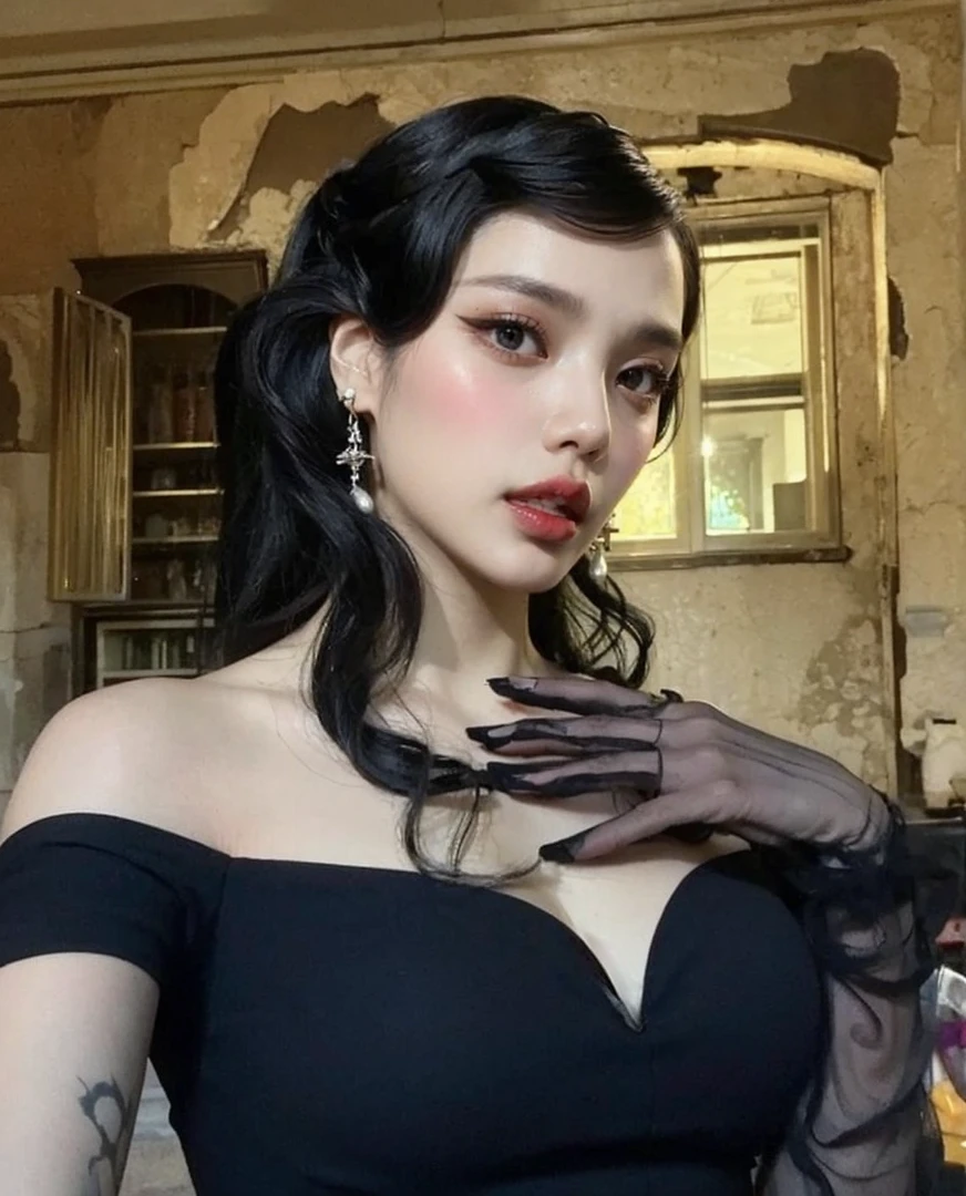 Jennie kim, black hair, wavy, pale skin, full lips, doll lips, large eyes.