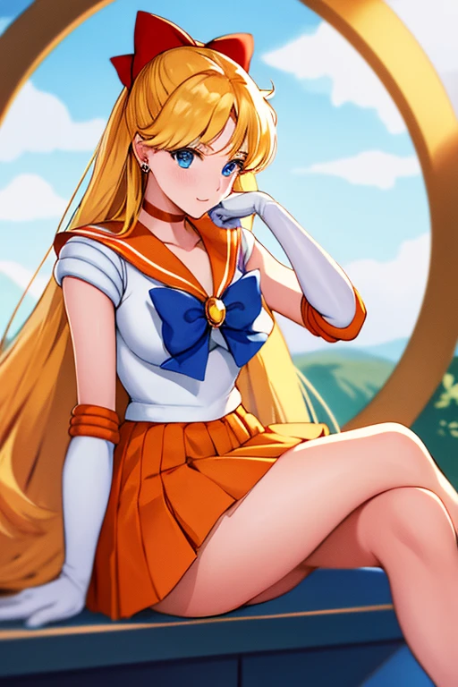 masterpiece, best quality, highres, venus1, 1girl, solo, sailor senshi uniform, sailor venus, aino minako, blonde hair, magical girl, blue eyes, orange skirt, elbow gloves, tiara, pleated skirt, hair bow, orange sailor collar, miniskirt, choker, red bow, orange choker, white gloves, very long hair,  jewelry,  earrings, sitting, crossed legs,