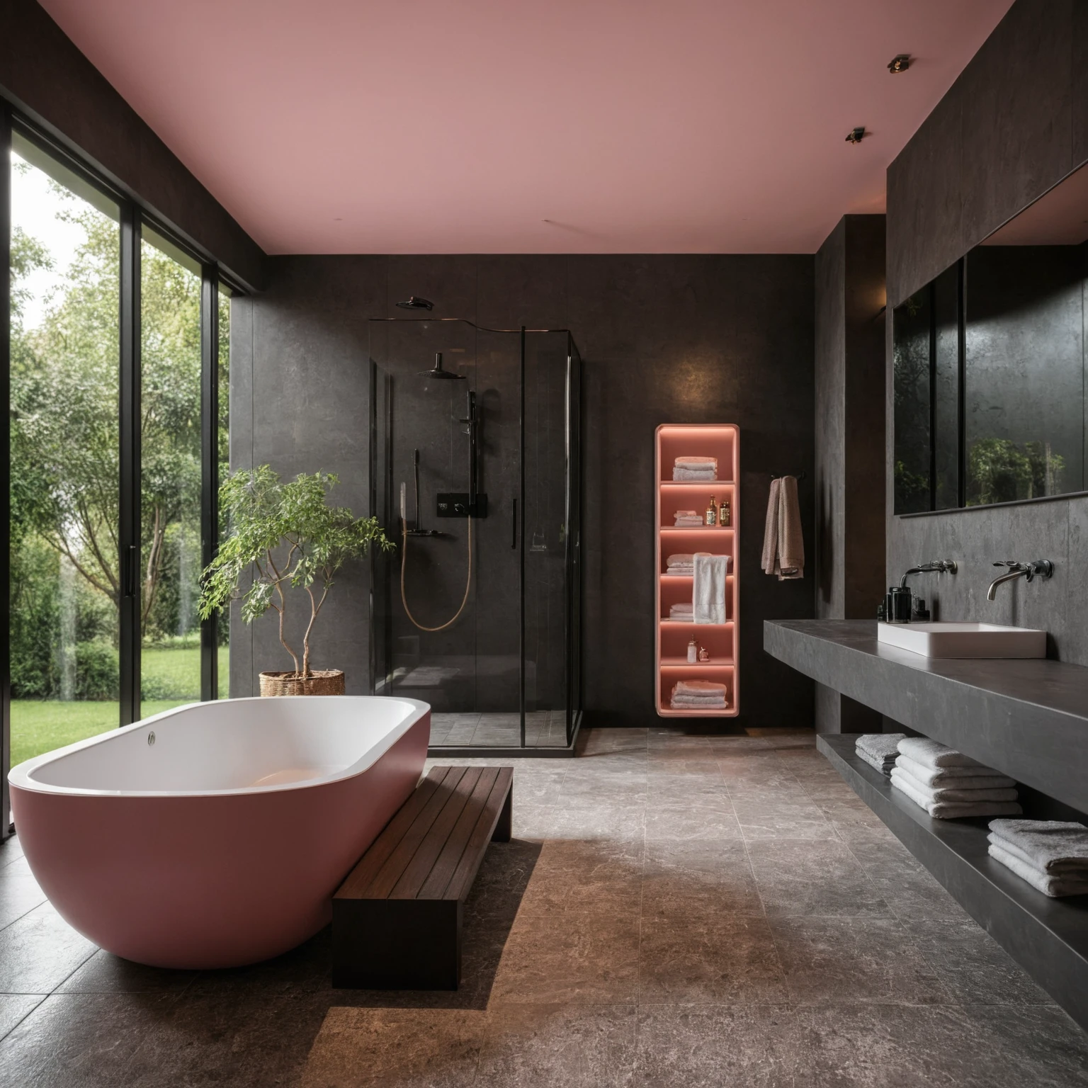 Raw photo,Masterpiece, high quality, best quality, authentic, super detail, interior, indoors, ((bathroom style modern luxury)), sunset, day light, window , overlooking the garden, black and pink tones