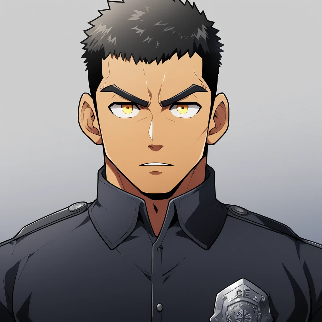 anime characters:Gyee, Muscular male police officer, negro black skin, Dark-skinned male police officer, Manliness, male focus, Tight-fitting police uniform, Black tight T-shirt with a high collar, Very tight, Round, full and perky chest muscles, Slightly transparent, muscular male, muscular, only, Upper body, alone, Black short hair, Thick eyebrows, stubble, Yellow eyes, Grey background, simple background, amazing quality, best aesthetics, Ridiculous, bright pupils, crew cut, parted lips, v-shaped eyebrows, jitome, frown, best quality