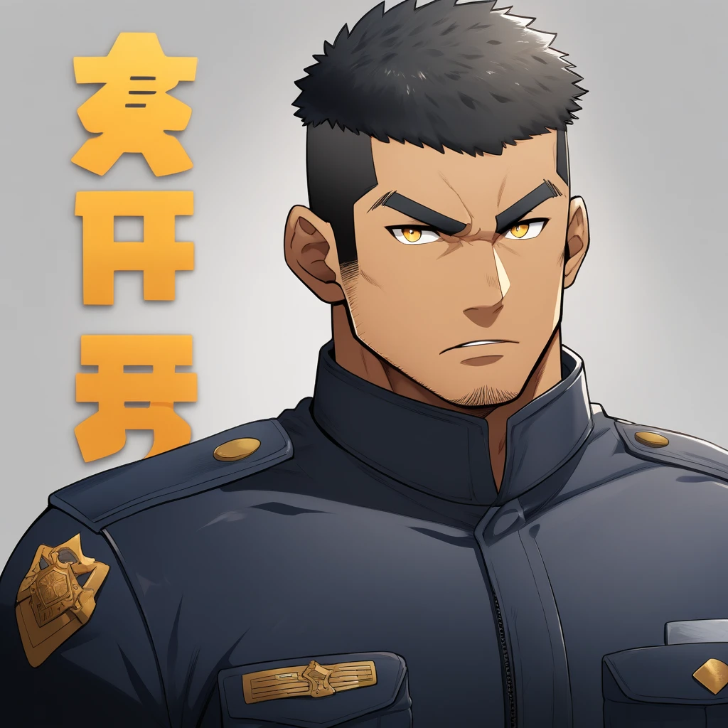 anime characters：Gyee, Muscular male police officer, negro black skin, Dark-skinned male police officer, Manliness, male focus, Tight-fitting police uniform, Black tight T-shirt with a high collar, Very tight, Round, full and perky chest muscles, Slightly transparent, muscular male, muscular, only, Upper body, alone, Black short hair, Thick eyebrows, stubble, Yellow eyes, Grey background, simple background, amazing quality, best aesthetics, Ridiculous, bright pupils, crew cut, parted lips, v-shaped eyebrows, jitome, frown, best quality