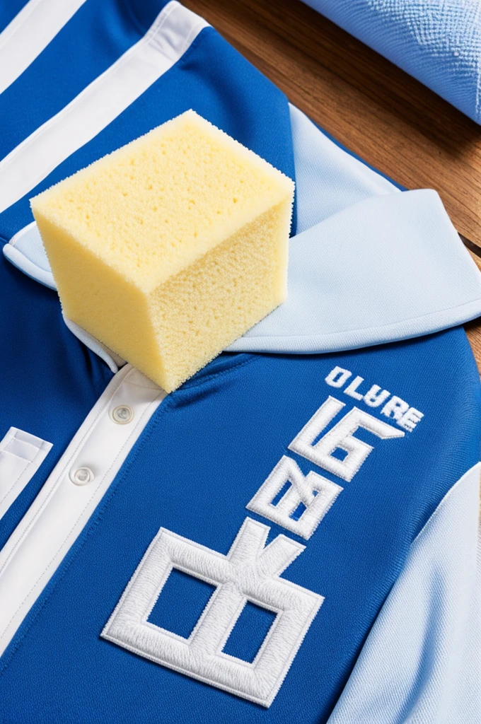 A good sponge with a blue and white university jacket