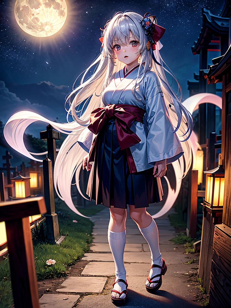 Highest quality,Highest Resolution,Cemetery at night,Ghost Girl,Japan,Ghost,Shrine maiden costume,full moon,