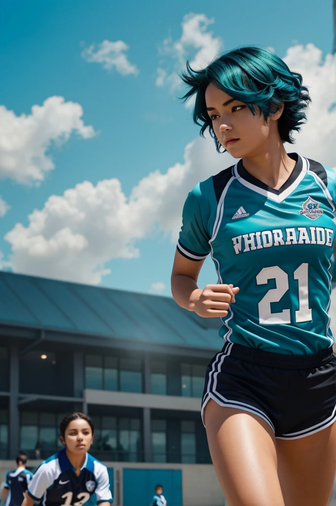 Image from Boku No Hero Academy.
Woman with short wavy hair, right half turquoise hair, left black. 
With the sports uniform and activating his gift, smoke and shadows everywhere