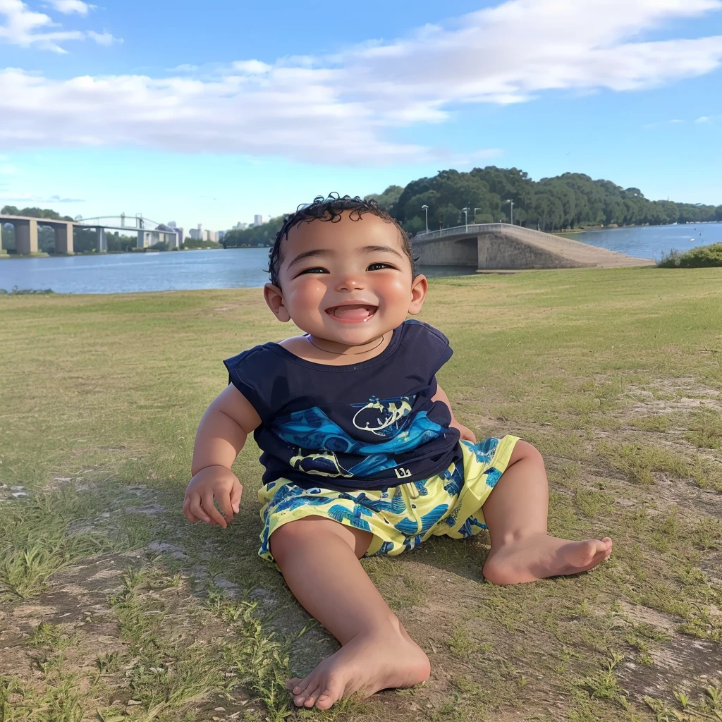arafed baby sitting on the ground in front of a body of water, river in front of him, caio santos, with a park in the background, portrait mode photo, looking happy, by Samuel Silva, at the park, park in background, icaro carvalho, by Emerson Silva, having a great time, by Nándor Katona