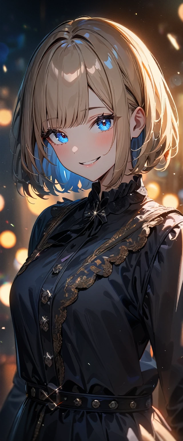 (((One girl))), Shibuya, blond hair, bob cut, ((upper body)), (looking at viewer), breasts, ager, head tilt:1.3, (((blue eye))), constricted pupils, (from side:1.3), reaching, ((happy smile)), gothic loli.3, anime style, (best quality, 4k, 8k, highres, masterpiece:1.2, ultra-detailed, ultra-detailed eyes, HDR, UHD, studio lighting, ultra-fine painting, sharp focus, physically-based rendering, extreme detail description, professional, vivid colors, bokeh)