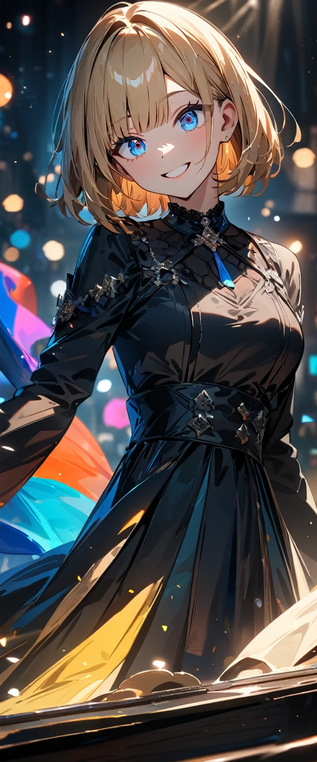 (((One girl))), Shibuya, blond hair, bob cut, ((upper body)), (looking at viewer), breasts, ager, head tilt:1.3, (((blue eye))), constricted pupils, (from side:1.3), reaching, ((happy smile)), gothic loli.3, anime style, (best quality, 4k, 8k, highres, masterpiece:1.2, ultra-detailed, ultra-detailed eyes, HDR, UHD, studio lighting, ultra-fine painting, sharp focus, physically-based rendering, extreme detail description, professional, vivid colors, bokeh)