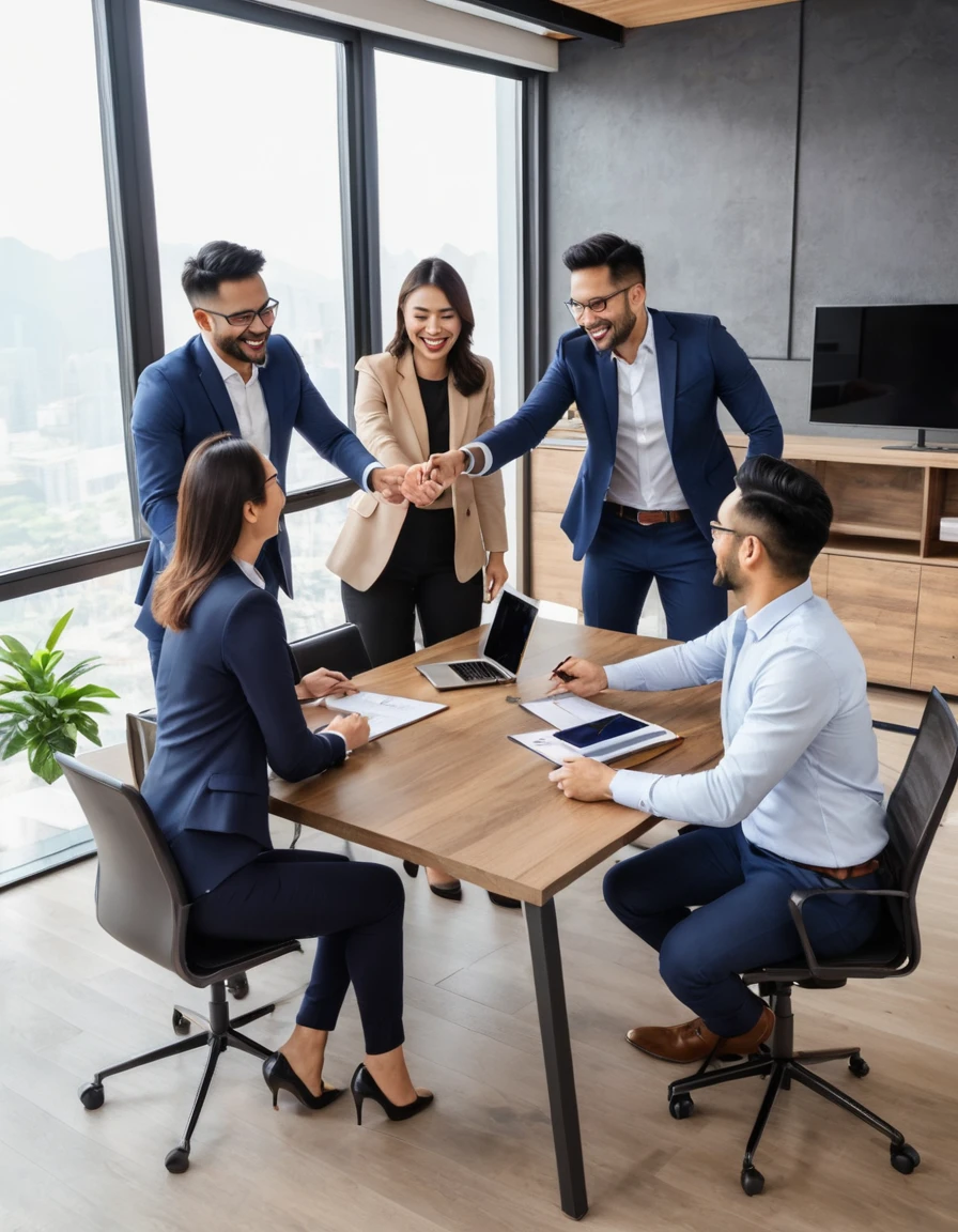 Collaborative office gathering: Dynamic teamwork and happy colleagues in business meeting