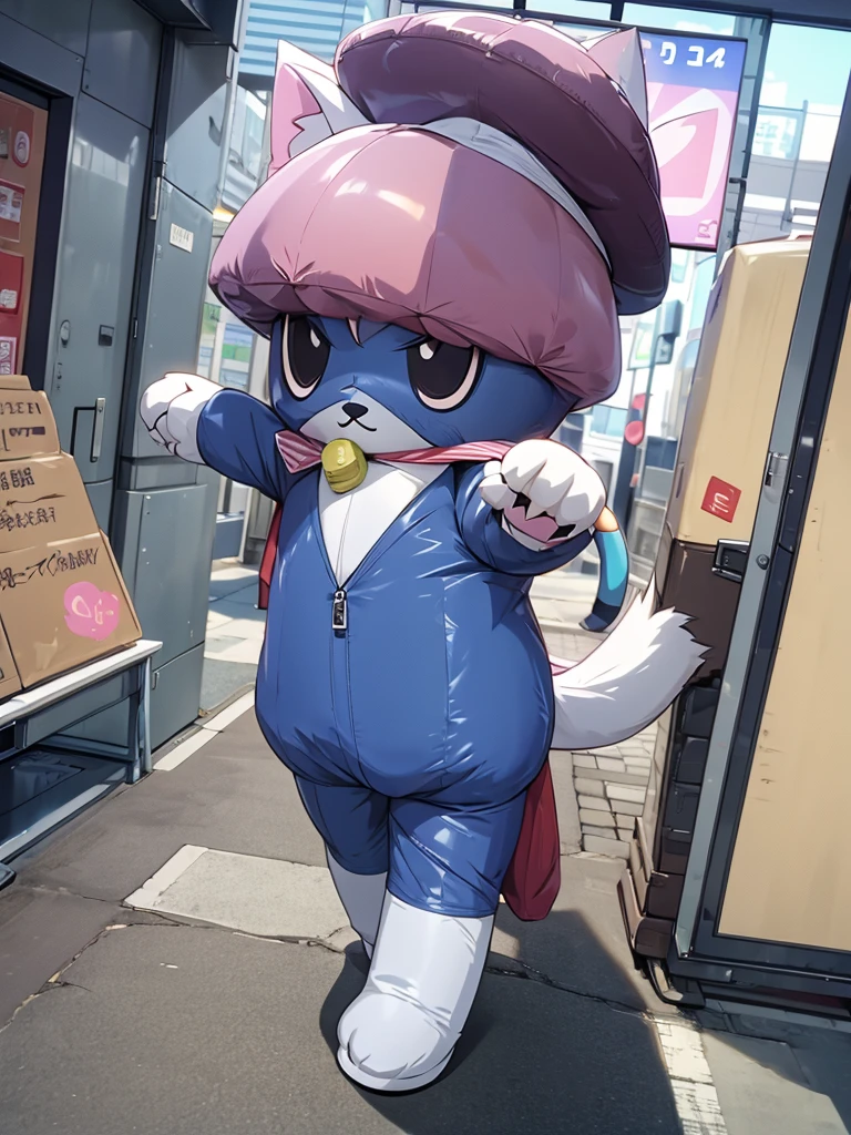 1boy, inflatable cat boy, cat tail, brown hat, claws, closed mouth, furry male, nyanzaemon, nsfw,claw pose