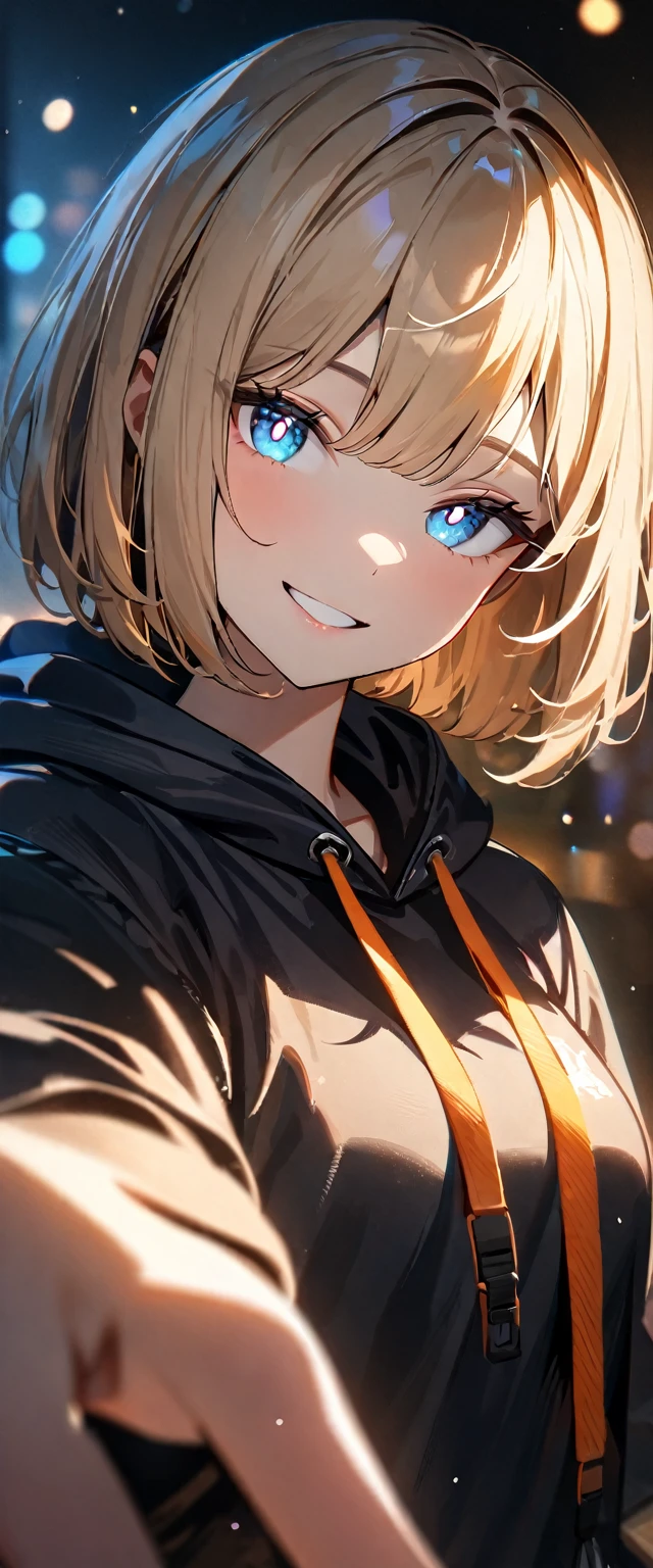 (((One girl))), blond hair, bob cut, (upper body), face in focus, (looking at viewer), breasts, teenager, head tilt:1.3, (((blue eye, bright pupils))), half-closed eyes, (from side), selfie, reaching, ((happy smile)), black hoodie:1.3, black shorts:1.3, anime style, (best quality, 4k, 8k, highres, masterpiece:1.2, ultra-detailed, ultra-detailed eyes, HDR, UHD, studio lighting, ultra-fine painting, sharp focus, physically-based rendering, extreme detail description, professional, vivid colors, bokeh)
