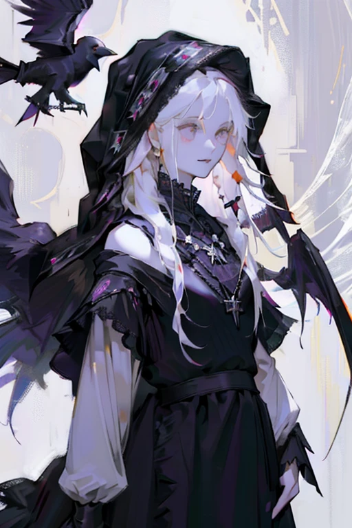 ((Playing with a raven:1.4)), Russian Orthodox Church. (black lace sundress, pantyhose :1.3), (head veil), cross necklace, Sunday best.Cute 18 yo (albino:1.4)woman of Slavic descent.(short:1.1), long white hair, gray eyes, ((very pale:1.4)). Innocent look. Gentle spirit.(virgin),((smile)).Masterpiece, best quality(highly detailed:1.2),(detailed face and eyes:1.2), depth of field, 8k wallpaper, studio lighting, core shadows, high contrast, bokeh.