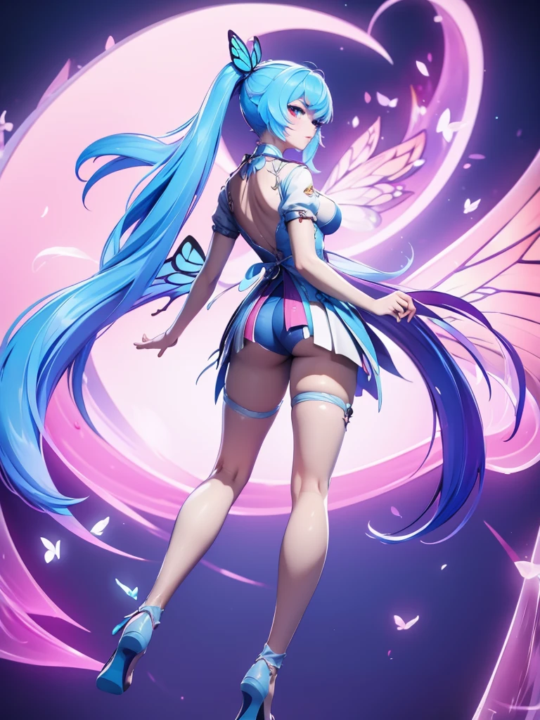 Seizo Watase style, Simple Line Initialism,Abstract art, 3d character, colorful hearts ,(((The most beautiful girl of all time))), (full body 1.2), only girl, long hair, bufferfly and sky background, 20 year old, full body, (((8k))), (((3d)), blue and pink hair, Large erfly wings on the back, moon, look from back