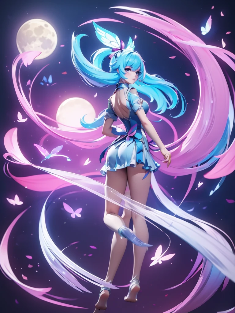 Seizo Watase style, Simple Line Initialism,Abstract art, 3d character, colorful hearts ,(((The most beautiful girl of all time))), (full body 1.2), only girl, long hair, bufferfly and sky background, 20 year old, full body, (((8k))), (((3d)), blue and pink hair, Large butterfly wings on the back, moon, look from back