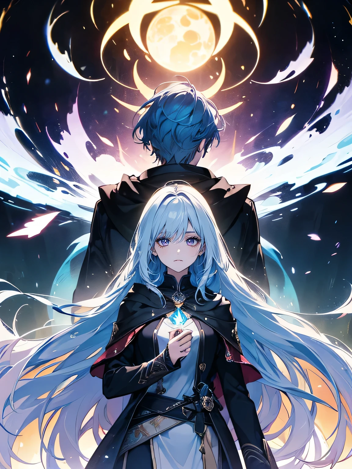 Imagine a striking poster featuring the main characters of your novel:In the foreground stands a handsome young man with messy short white hair and intense purple eyes. He exudes confidence and mystery, dressed in a hooded black long coat over a simple black t-shirt, hinting at his hidden powers and heroic destiny.Beside him stands a breathtakingly beautiful girl with long, flowing sky-blue hair that seems to shimmer with its own inner light. Her eyes match the color of her hair, radiating wisdom and serenity. She wears an elegant, ethereal dress that billows gently around her, emphasizing her otherworldly grace and beauty.The background is a blend of fantastical elements: swirling mists, distant mystical landscapes, and faint traces of magical symbols. This sets the stage for their epic journey together, where destiny intertwines their fates and challenges await that will test their courage and strength.The poster captures a moment of connection between these two central characters, hinting at a deep bond that transcends the ordinary and plunges them into a world of adventure, magic, and profound discoveries.