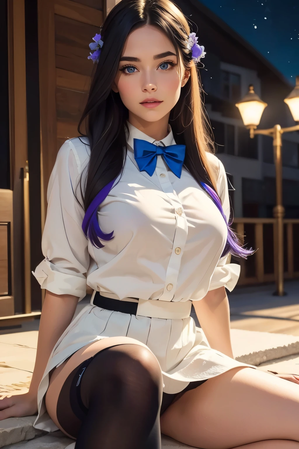 Best Quality, Masterpiece,, illustration, wallpaper,1 girl, Alone, , White shirt, black skirt, Light hair, Semi-long hair, beautiful detailed girl, extremely detailed eyes and face, Beautiful detailed eyes, shy, natural_Turning on, glow,NSFW, clean sky, looking at the viewer, outdoor, night sky, Star (sky), moccasins, black pantyhose, blue bow tie, Straight hair, purple petals, purple and blue flowers, red pupil, Horse tail, blue ribbon,by white, Thick_Thighs, big breasts, Red eyes,
