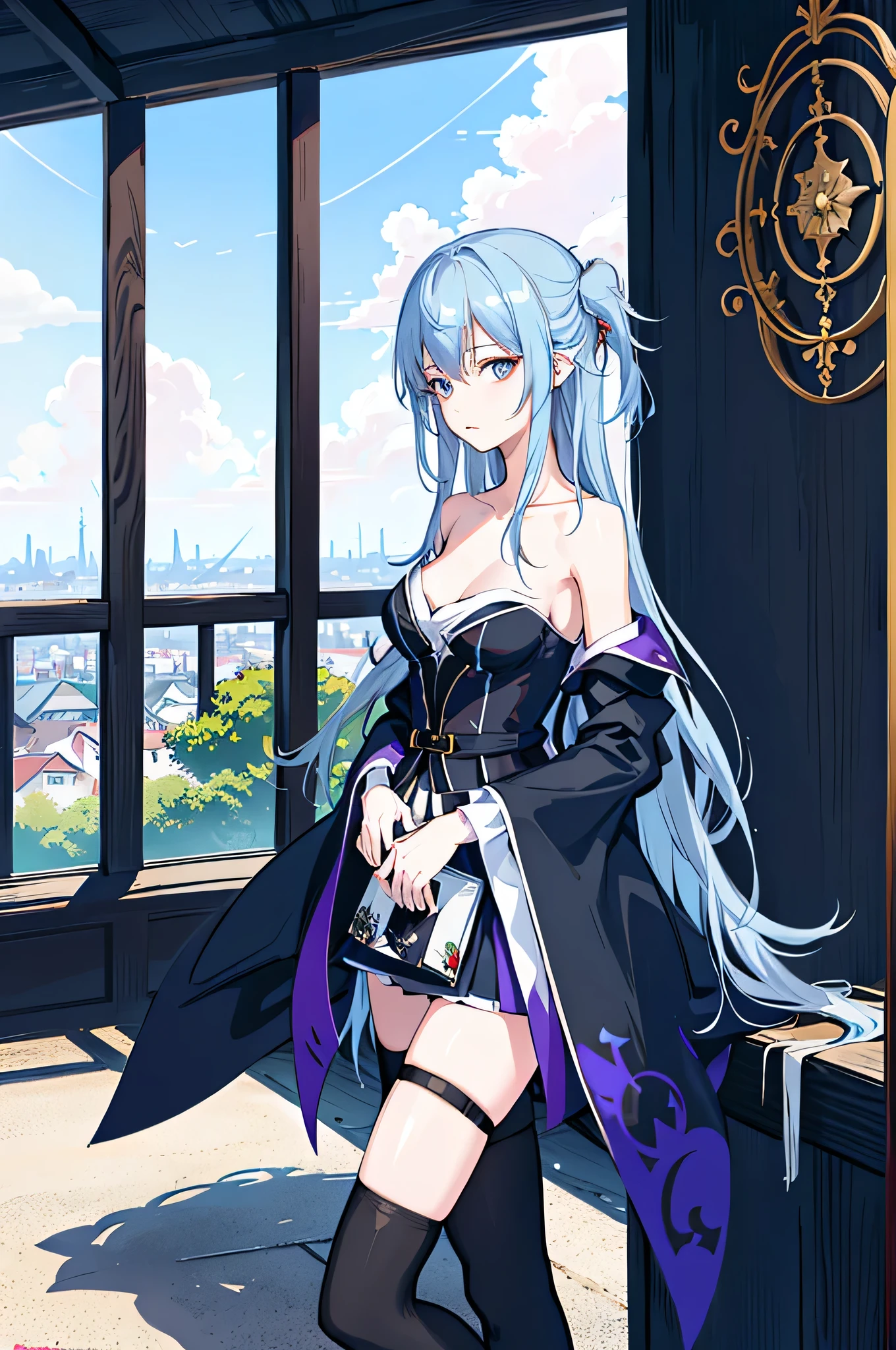 1girl, solo, outdoors, long hair, holy place, Original,(Illustration:1.1),(Best Quality),(masutepiece:1.1),(the Extremely Detailed CG Unity 8K Wallpapers:1.1), (Colorful:0.9),(mid-shot:0.95),(extremely detailed beautiful face),(Solo:1.2), (girl),(((Lori))), (Detailed beautiful eyes:1.15), (Beautiful face:1.15), (Glowing blue eyes:1.25////),(((sky blue Long Hair))),(two side up),(+perfect hand+:1.21),(Draw illustration of Japan priestess costume),(slender),(White pleated skirt),(Gothic),((black thighhighs)),(frilld),(Beautiful Slender Lolita Girl),hallowween,standing, girl,, girl,foggy place,vampire,sky blue hair,((full body,whole body)),((black thighhighs)),((black thighhighs)),