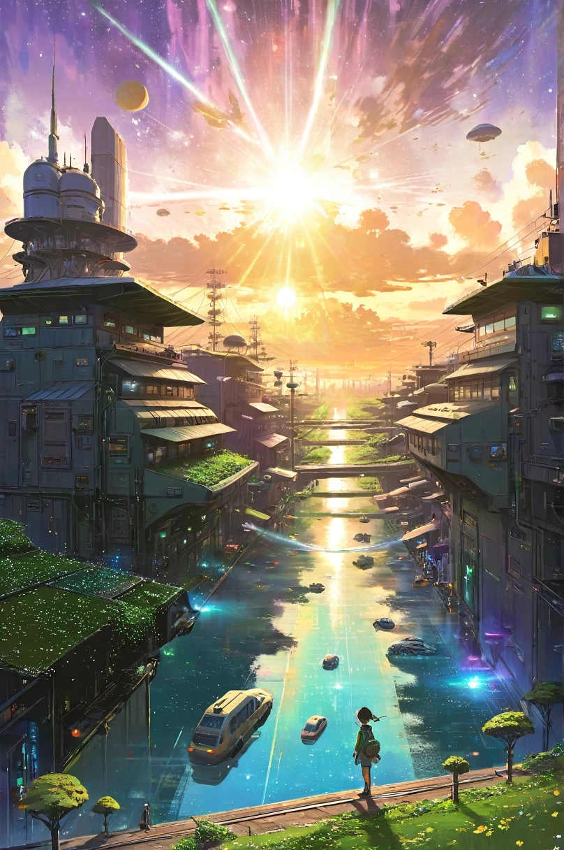 Star Farm City, Sci-fi decopunk paintings of the distant future by Greg Manchez and Makoto Shinkai, Trending on Art Station, [:Vivid digital painting:0.4]